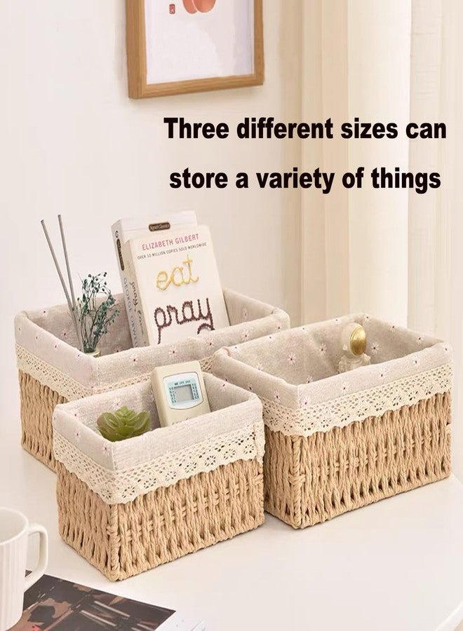 Agirlvct Wicker Baskets with Liner for Counter, Natural Paper Rope Rattan Storage Basket,Hand Woven Pantry Table Organizer Bins for Bedroom Living Room School Shelves Office Desk (3 Pack Beige) - Image 3